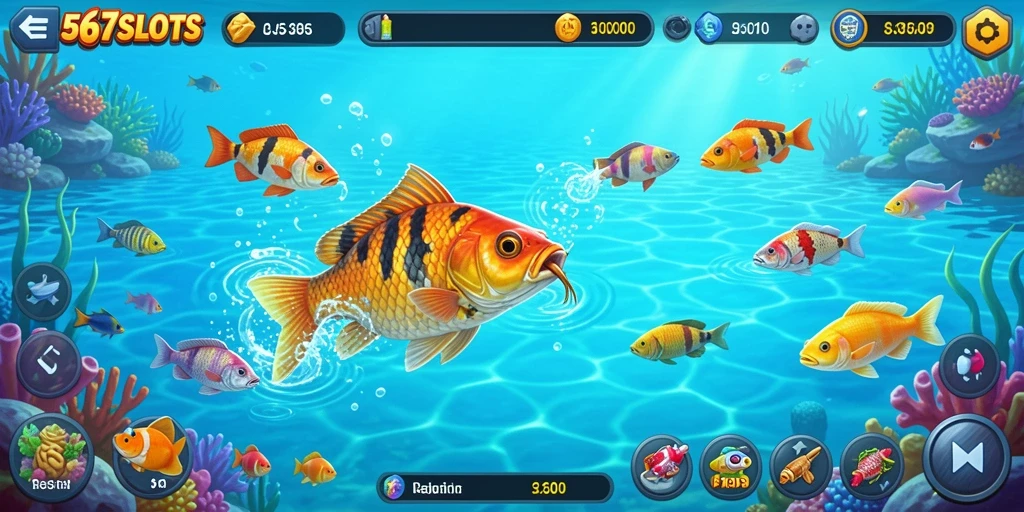 Screenshot gameplay 567SLOTS menampilkan aksi seru memancing di laut.