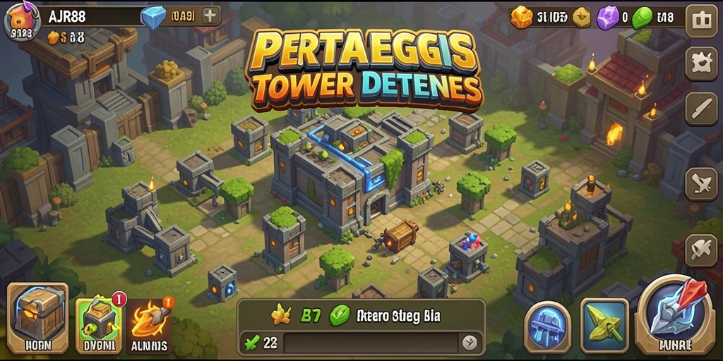 Screenshot gameplay AJR88 menampilkan berbagai jenis menara dan musuh yang beragam.
