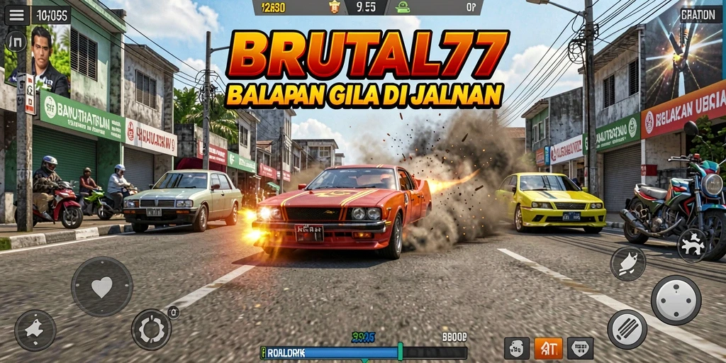 Screenshot gameplay BRUTAL77 yang menunjukkan aksi balapan mendebarkan.