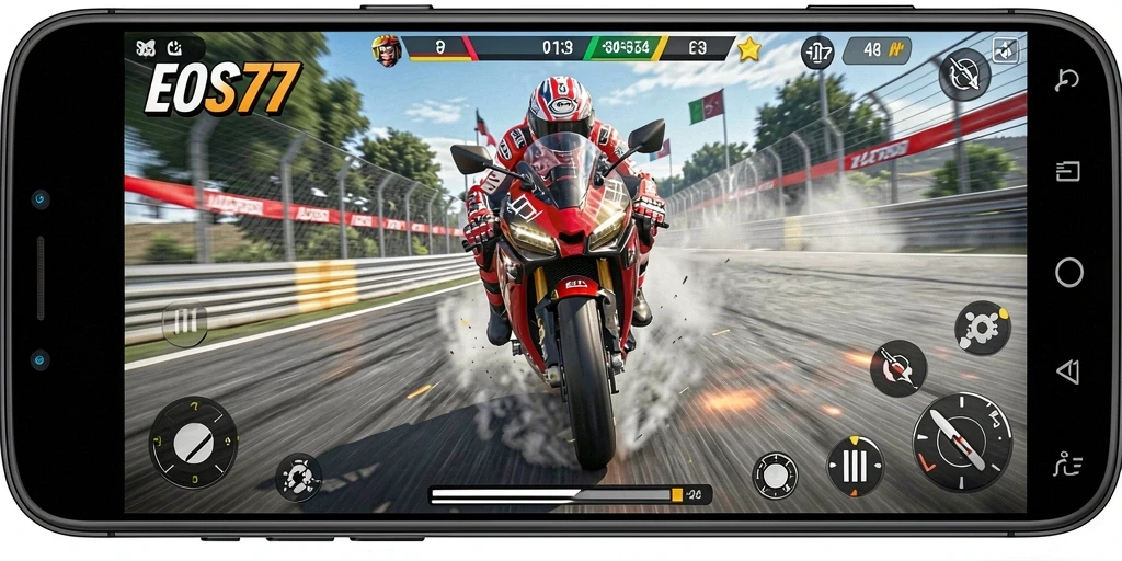 Gameplay menarik EOS77 dengan balapan motor yang seru.