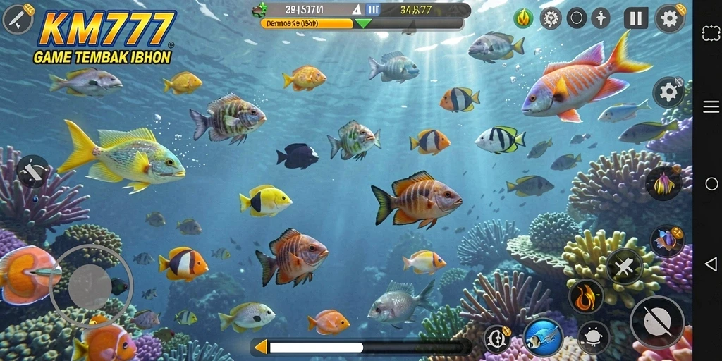 Tampilan gameplay Tembak Ikan seru dan berwarna-warni di KM777.