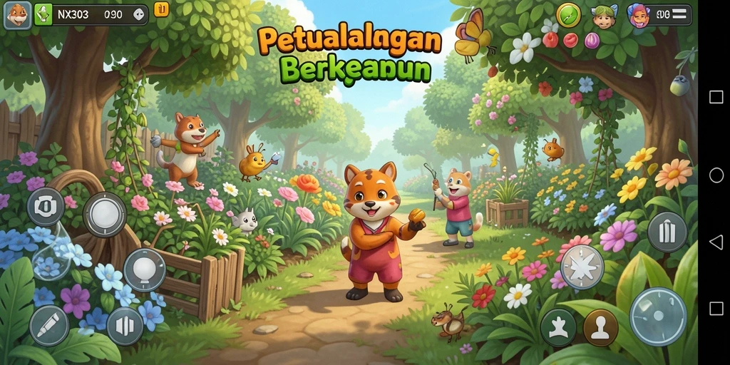Tampilan gameplay NX303 yang menampilkan kebun yang subur dan berwarna-warni.