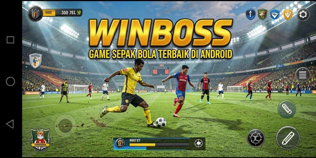 Screenshot utama WINBOSS menampilkan aksi seru di lapangan sepak bola.